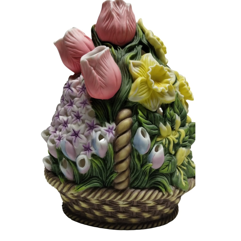 PartyLite Ceramic Floral Basket Flower Arrangement‎ Tulips Daffodils Hyacinthr